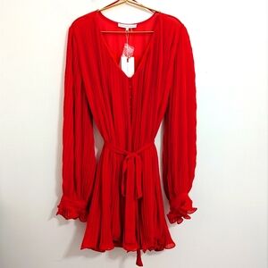 NWT Endless Rose Large Bright Red Lined Chiffon Pleated Mini Dress w/ Ruffles